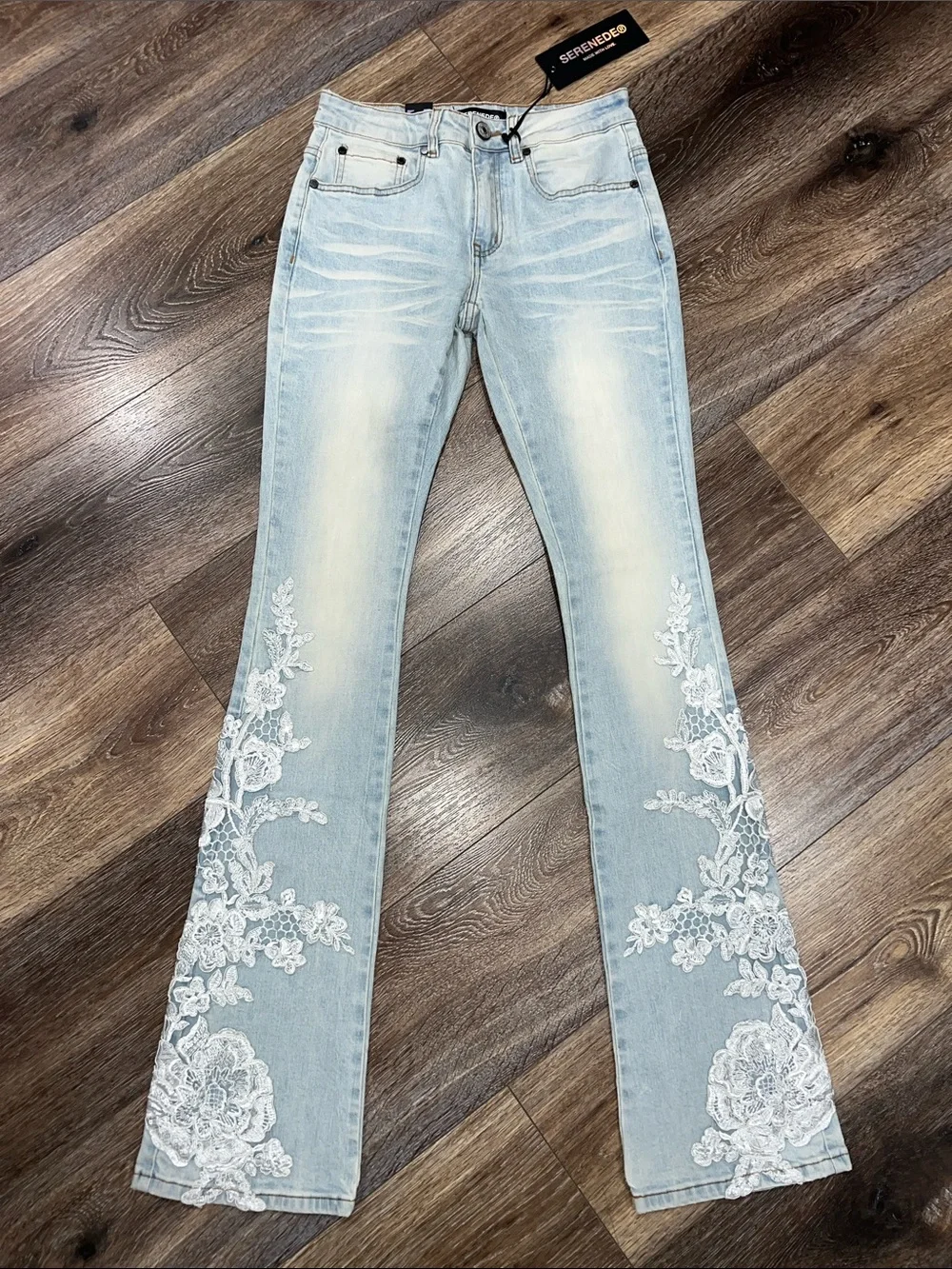 Serenede Garden Stacked Lace Applique Light Wash Unisex Denim Jeans 